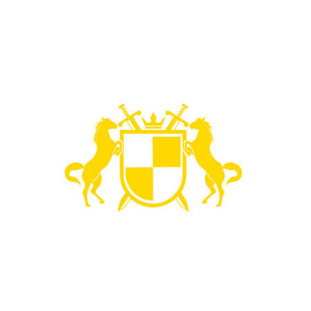 Horse Brand Logo design vector. Retro golden crest with shield and horses. Heraldic logo template. Luxury design concept. Can be used as logo, icon, emblem or banner.のイラスト素材