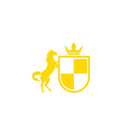 Horse Brand Logo design vector. Retro golden crest with shield and horses. Heraldic logo template. Luxury design concept. Can be used as logo, icon, emblem or banner.のイラスト素材