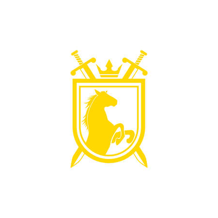 Horse Brand Logo design vector. Retro golden crest with shield and horses. Heraldic logo template. Luxury design concept. Can be used as logo, icon, emblem or banner.のイラスト素材