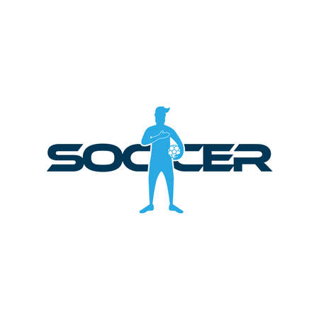 Soccer vector illustration of a silhouette soccer or football player isolated on white background. Sport Logo with soccer text and soccer player figure. Soccer vector for icon, logo, app, symbol.のイラスト素材