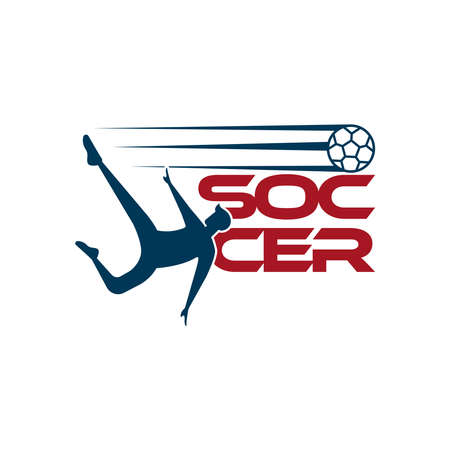 Soccer player kicks the ball. Sport Vector illustration with the soccer text and with soccer player below. Soccer logo, icon, mobile, website design template isolated on white background.のイラスト素材