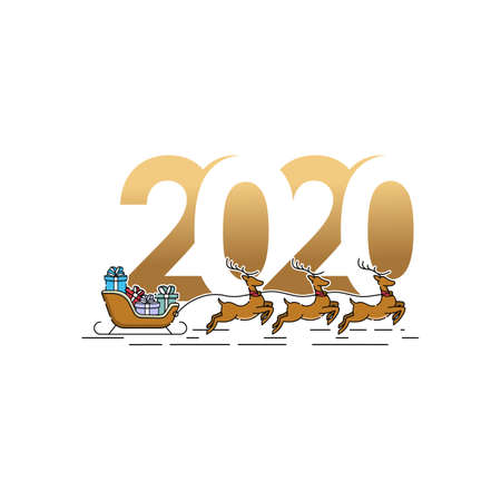 Merry Christmas and Happy New Year 2020 Vector holiday background. Happy New Year 2020 with Santa Claus on a sleigh with deer colorful vector illustration isolated on white background.のイラスト素材