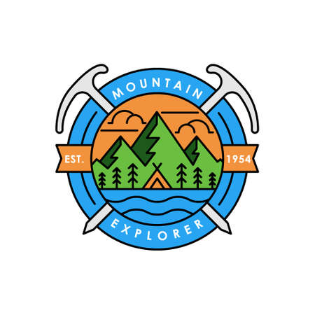 Mountains icon logo vector illustration. Vintage Mountain emblem design vector template design. Mountains Line Art logo vector illustration for Outdoor Adventure.のイラスト素材