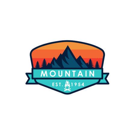 Mountain logo vector illustration. Mountain badge design vector template design. Trendy Mountains logo design vector illustration template for Outdoor Adventure.のイラスト素材