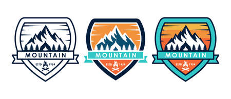 Set of Mountain logo vector illustration. Mountain badge design vector template design. Trendy Mountains logo design vector illustration template for Outdoor Adventure.のイラスト素材
