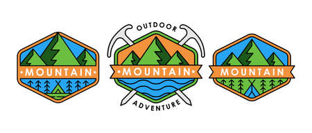 Set of Mountain logo vector illustration. Mountain badge design vector template design. Trendy Mountains logo design vector illustration template for Outdoor Adventure.のイラスト素材