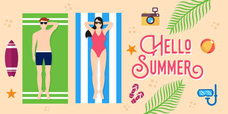 Summer Holiday on the beach Vector Illustration. Summer vacation Vector flat design illustration. Abstract Summer background design template for banner, flyer, invitation, poster, brochure.のイラスト素材