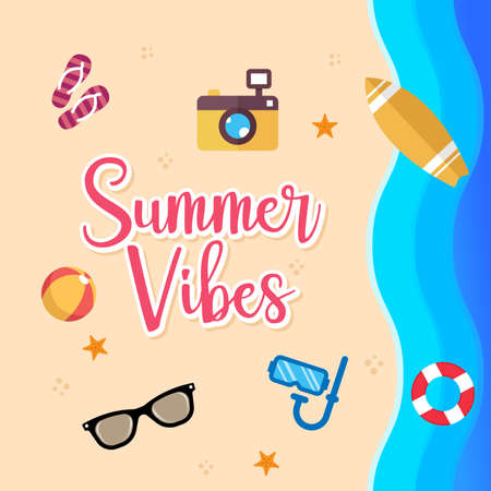 Summer Holiday on the beach Vector Illustration. Summer vacation Vector flat design illustration. Abstract Summer background design template for banner, flyer, invitation, poster, brochure.のイラスト素材