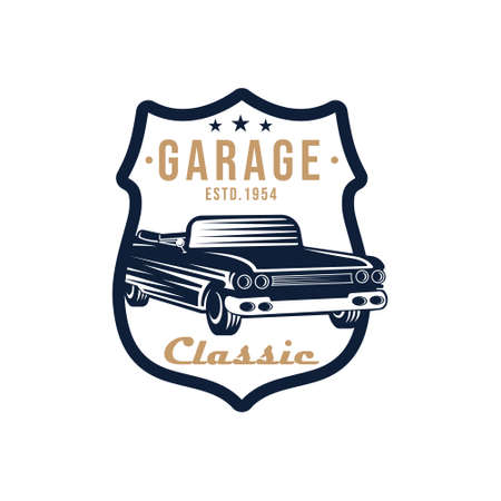 Classic Car Logo badge and emblem Vector Illustration. Vintage Classic Car vector logo icon silhouette design. Classic Car logo vector illustration for car repair, dealer, garage and service.のイラスト素材