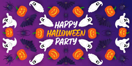 Halloween background vector illustration design template. Decorative Halloween vector background in trendy cartoon style. Happy Halloween banner, poster, greeting card or party invitation backgroundのイラスト素材