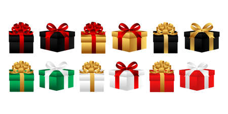 Gift Box vector with colorful box and ribbon isolated on white background. Realistic Gift Box vector illustration for Happy birthday, Christmas, New Year, Wedding or Valentine Day package conceptのイラスト素材