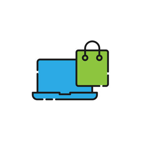 Shopping Bag with Laptop icon Vector Design. Shopping Bag icon with Laptop design concept for e-commerce, online store and marketplace website, mobile, logo, symbol, button, sign, app UIのイラスト素材