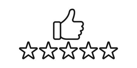 Customer review rating icon vector illustration. 5 star rating icon vector design template. Review Rating with Five Star vector icon flat design for website, symbol, logo, sign, mobile, app, UI.のイラスト素材