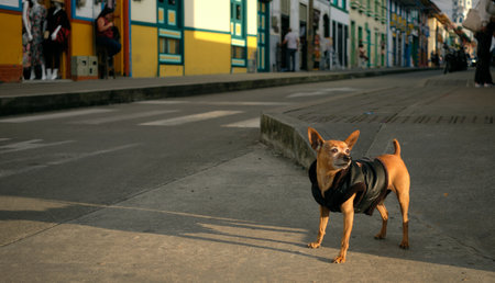 Dog crossing the street in Filandia, coffee region, Colombiaの写真素材