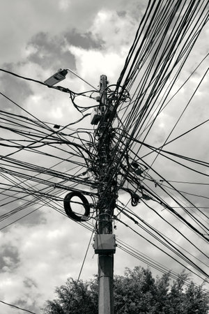 Chaotic cable lines in Medellin, Colombia. High quality photo