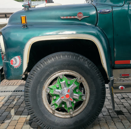 Close up of american green truck with horns. High quality photoの写真素材