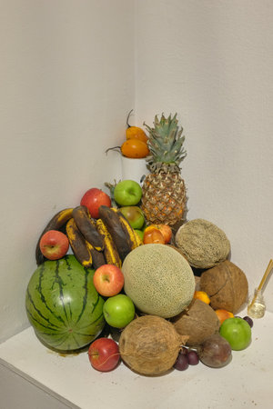 Exotic fruit composition on geometric support. High quality photoの写真素材
