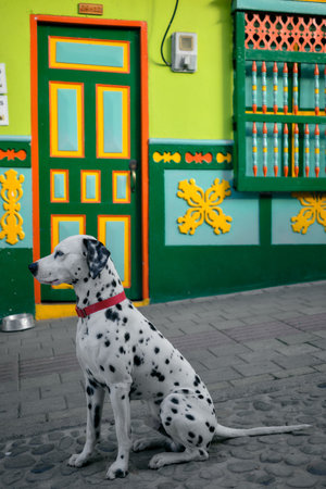 Dalmatian sitting in front of colorful house in Guatape, Colombiaの写真素材