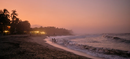 Mendihuaca beach at sunset with foggy air and boats, Colombia. High quality photoの写真素材