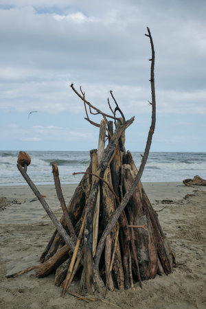 Driftwood teepee structure on Mendihuaca beach, Colombia.