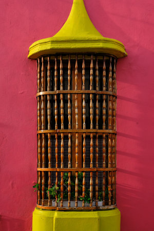Close up of wooden window of colonial house in Cartagena, Colombia