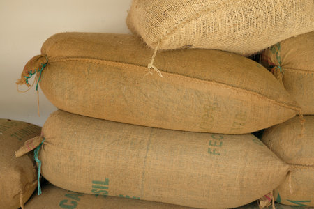 Burlap juta sacks with coffee beans in Colombia
