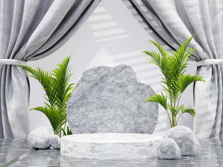 Marble circle podium for product presentation with curtains background in the morning sun, 3d render illustrationの写真素材