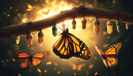 Butterflies emerging from a chrysalis hanging on a branchの素材