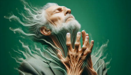 Portrait of an old man with a white beard and gray hair in a gray coat on a green backgroundの素材