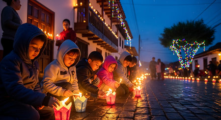 Group of children lighting candles in the streets of Xian, Chinaの素材