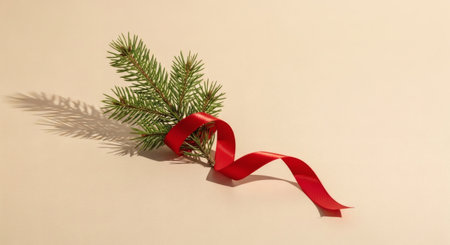 Christmas tree branch with a red ribbon on a beige background.の素材
