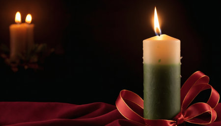 Burning candle with red ribbon on dark background, close-upの素材