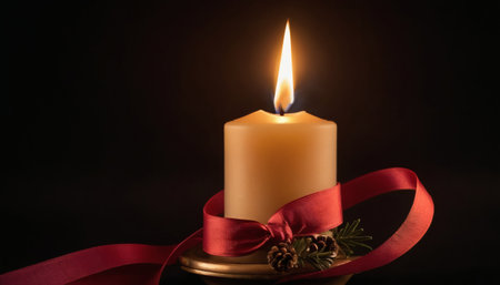 Candle with red ribbon on black background. Christmas and New Year concept.の素材