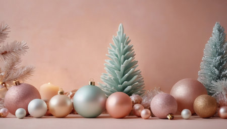 Christmas and New Year background. Decorations in pastel colors.の素材