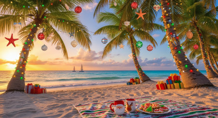 Tropical beach with palm trees and Christmas decorations at sunset.の素材