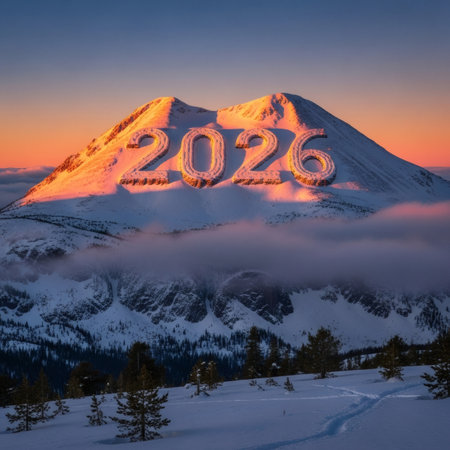 Happy New Year 2026. Silhouette of a snow-covered mountain at sunset.の素材