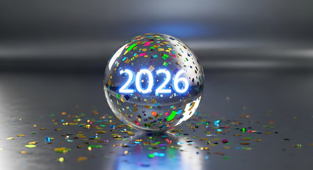 New Year 2026 in a crystal ball with confetti. 3D renderingの素材