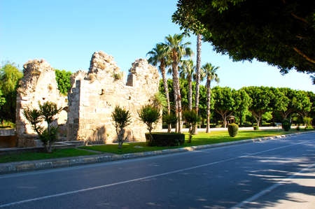 Picturesque green alley along the road with ruinsの写真素材