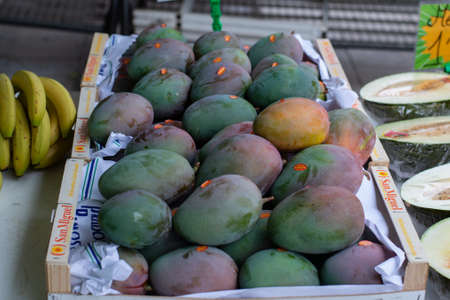 Fresh organic mango fruit stand at the market