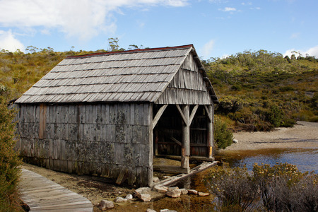 Old boathouse close to Lake Dove, Cradle Mountain Lake St  Clair National Park, Tasmania, Australiaの写真素材