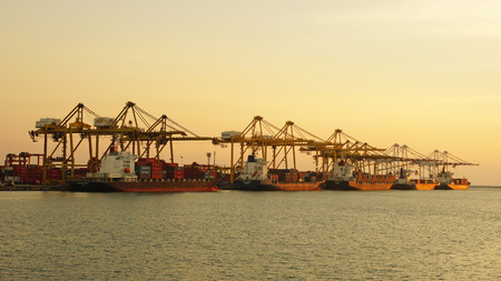 LAEM CHABANG, THAILAND - JANUARY 25, 2011  Sunset on Port Laem Chabang on January 25, 2011 in...