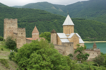 ANANURI, GEORGIA - JUNE 30, 2014  Panorama of Fortress Ananuri on June 30, 2014  The fortress is one of the sights along the Georgian Military Road, Georgia, Europe のeditorial素材