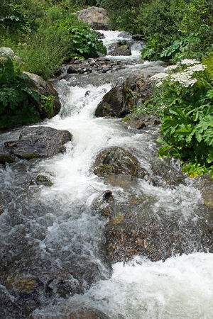 Creek in the Gveleti High Valley, beautiful landscape along the Georgian Military Road, Caucasus Mountains, Georgia, Europeの写真素材