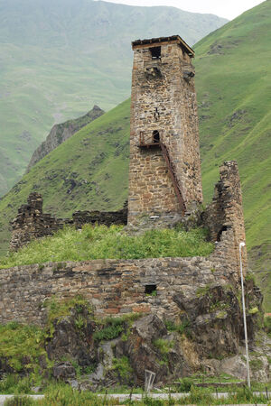 Ruin of an old castle, Georgian Military Road, Caucasus Mountains, Georgia, Europeのeditorial素材