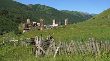 Panorama of Ushguli, Swanetia, Georgia, Europeの写真素材