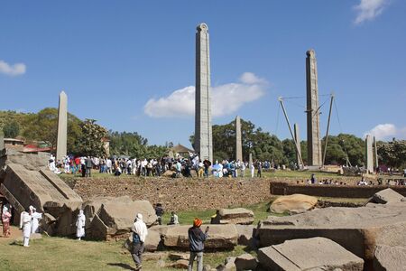 AXUM, ETHIOPIA - November 30, 2014: People visiting the ancient steles of Axum During The Hidar Zion Ceremony on November 30, 2014 in Ethiopia, Africaのeditorial素材