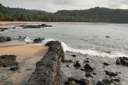 Praia Coco on an overcast day, Principe Island, Sao Tome and Principe, Africaの写真素材