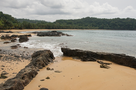 Praia Coco on an overcast day, Principe Island, Sao Tome and Principe, Africaの写真素材