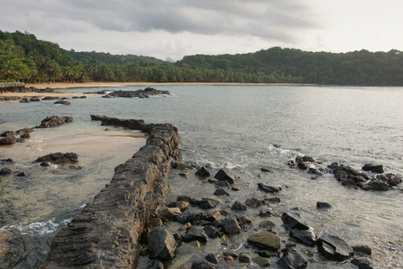Praia Coco on an overcast day, Principe Island, Sao Tome and Principe, Africaの写真素材