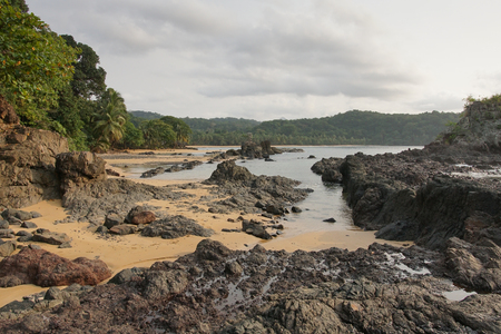 Praia Coco on an overcast day, Principe Island, Sao Tome and Principe, Africaの写真素材